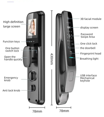 Penerbangan Aluminium Alloy Face Recognition Smart Door Lock Cloud Data Storage