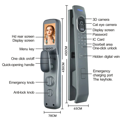 Glomarket Tuya Smart Door Lock Pengakuan Wajah 3D Kunci Pintu Smart Otomatis Dengan Kamera Kunci Pintu Keamanan Biometrik Pintar