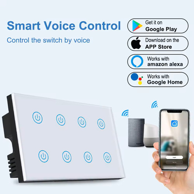 Glomarket Smart Home 8 Gang Wall Switch US Standar Tuya Voice APP Remote Control Wireless Wall Touch Light Switch